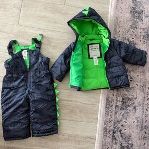Carter’s Dinosaur Snow big overalls and Puffer Jacket Set 18 months- NWOT